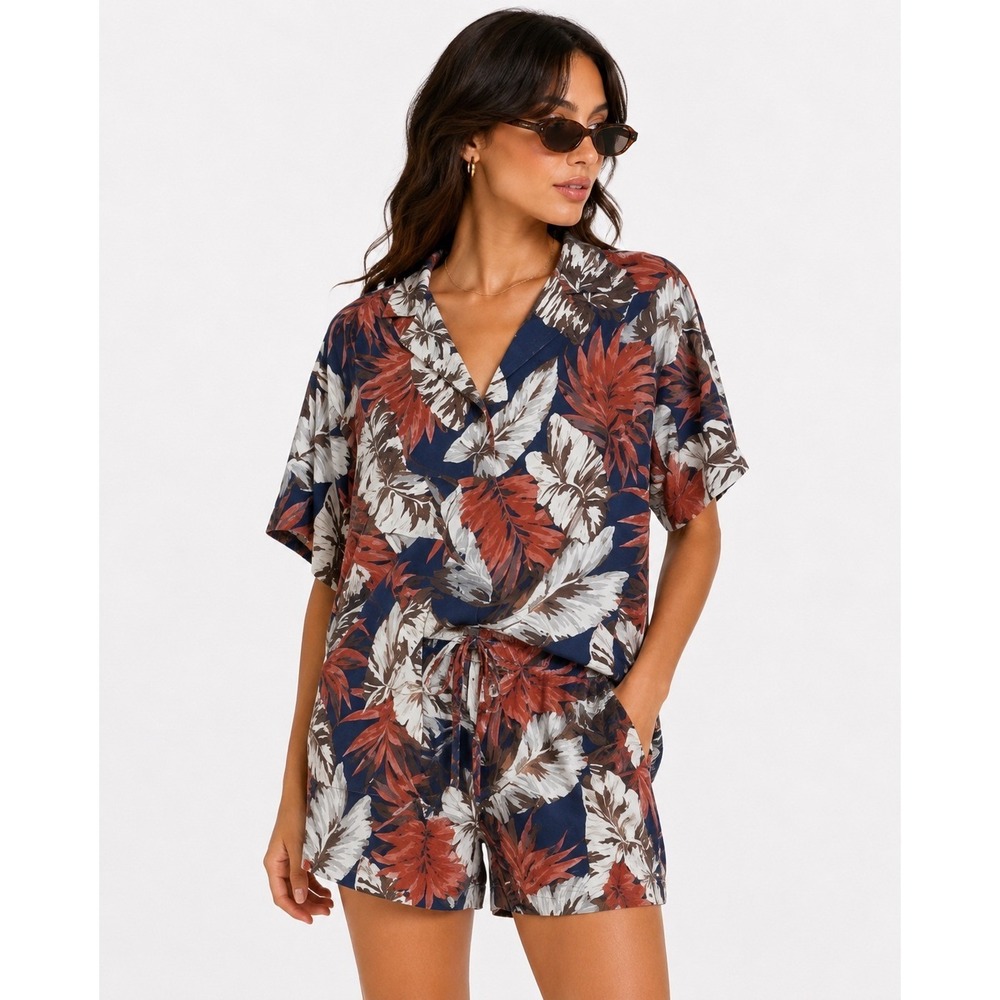 Hilo Hattie Two Piece Set Womens Small Blue Tropical Leaf Print Vintage Co-ord